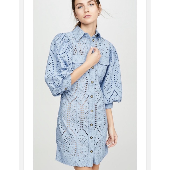 Ganni NWT Balloon-Sleeve Broderie Anglaise Mini Shirt Dress (Size 34) - Picture 2 of 8
